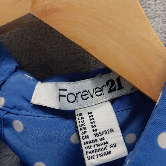 Forever 21 Womens Size M Blue Polka Dot Short Sleeve Peter Pan Collar Blouse Top - Picture 4 of 10